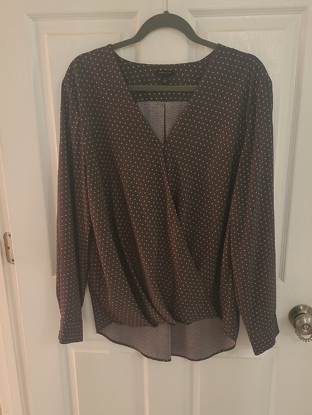 Ann Taylor Black Blouse with White Micro-Dot Print